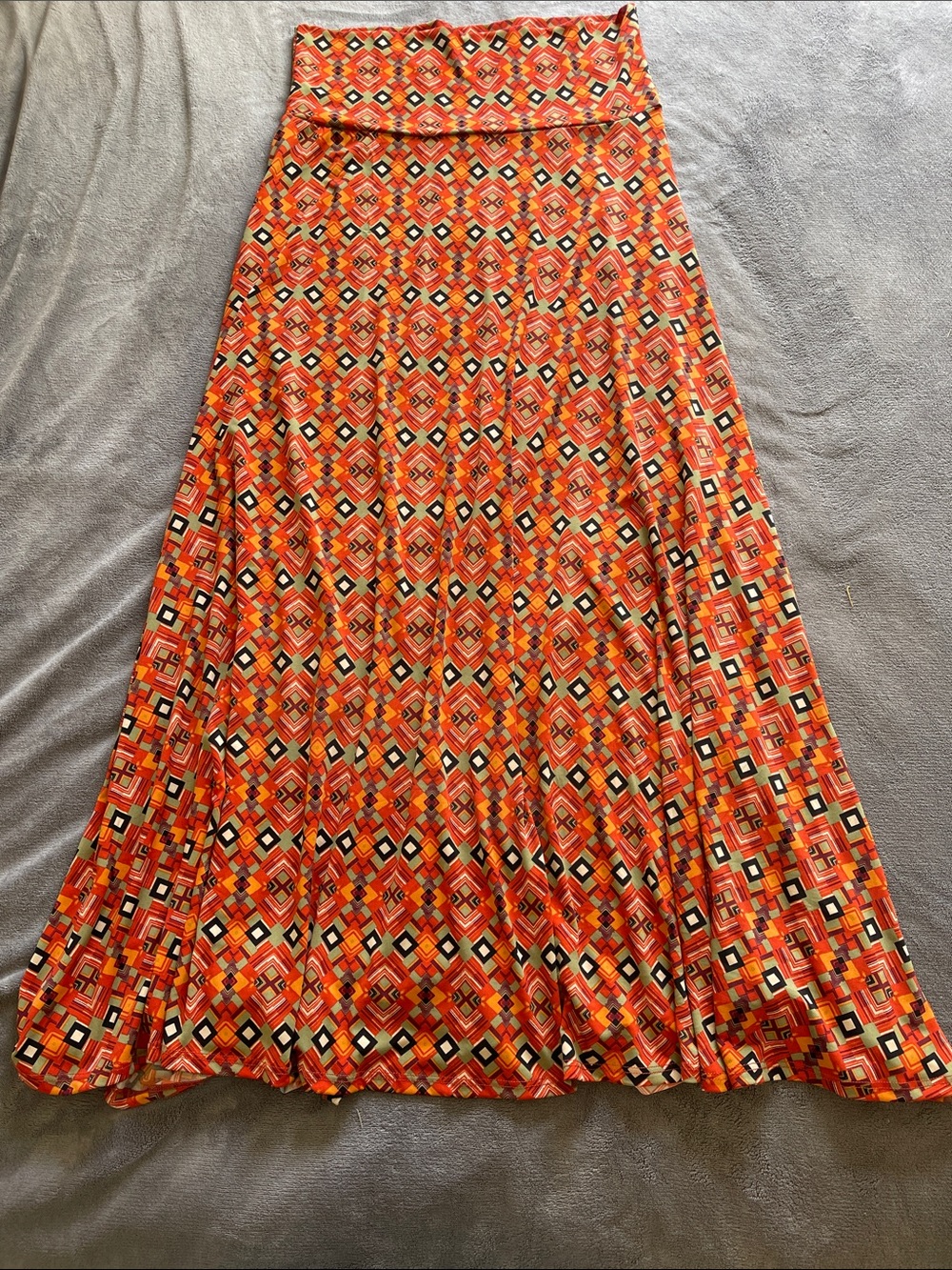 LuLaRoe Orange, Red, Olive, and Black Geometric Maxi Skirt (M)